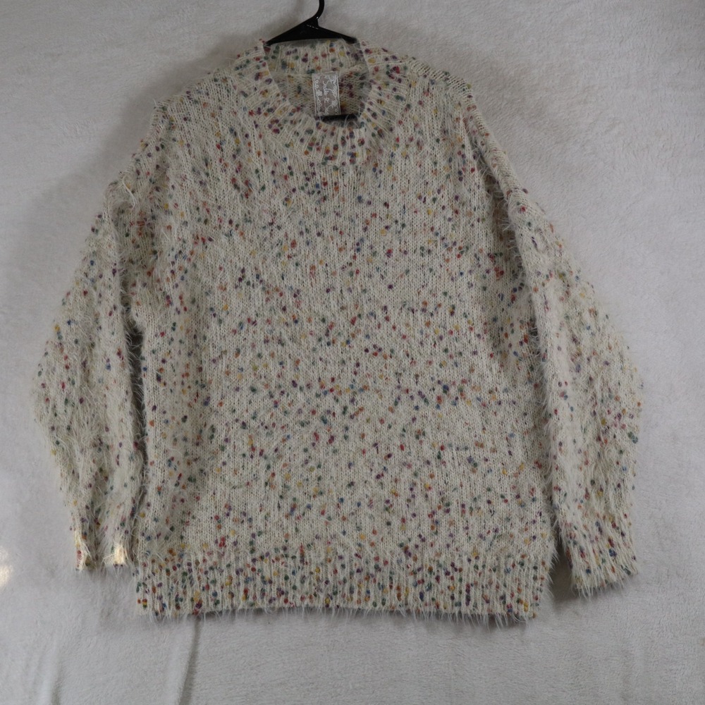 Sadie & Sage Womens Fuzzy Eyelash Knit Sweater Cream Rainbow Confetti Dots M/L